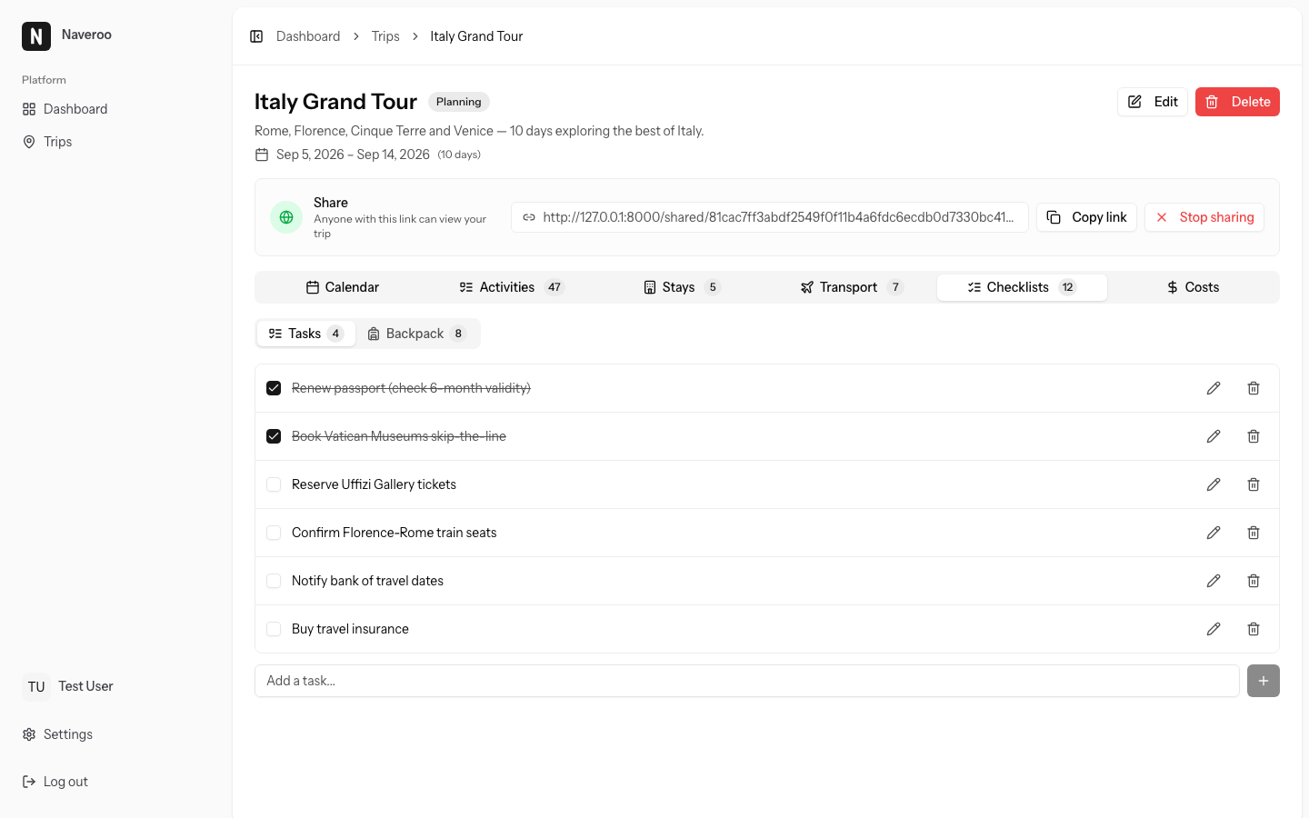 Tasks and Backpack checklists for a trip